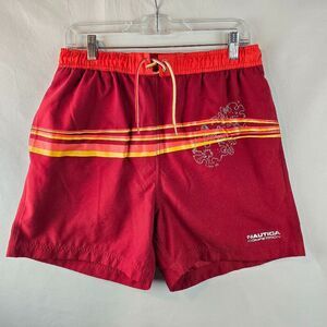 Nautica Competition Swim Trunks Mens Medium Red Yellow Board Shorts Mesh Lining